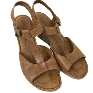 Born Tan Leather Cork Wedge Platform Sandals T-Strap Size 10
